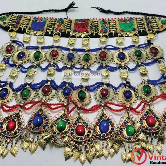 Multicolor Big Unique Choker Necklace, Old Kuchi Afghan Choker Necklace - Picture 9 of 12